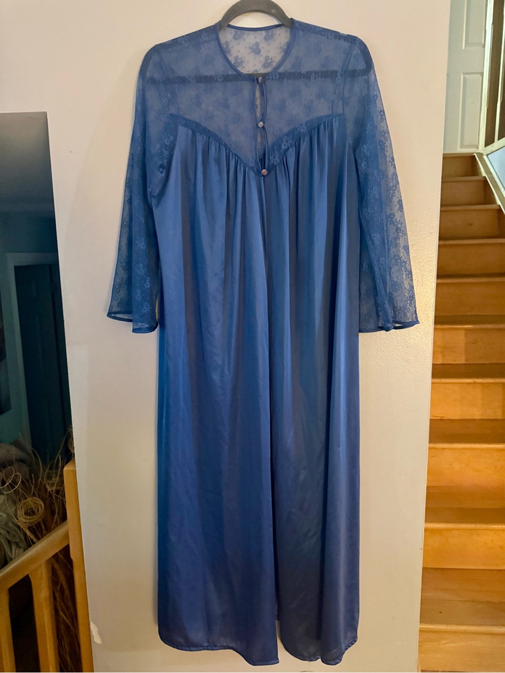 VTG 60s French Maid Lingerie Royal Blue Lace Nylon Maxi Peignoir Robe M